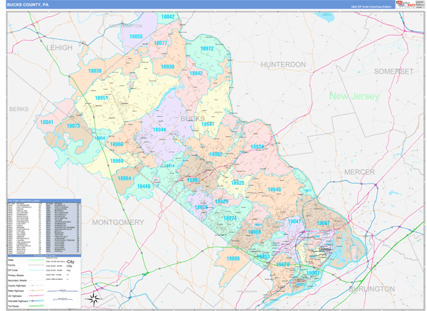 Bucks County, PA Wall Map Color Cast Style