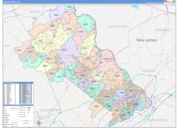 Bucks County, PA Wall Map Color Cast Style