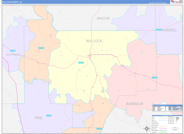 Bullock County, AL Wall Map Color Cast Style