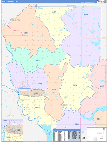 Burleigh County, ND Wall Map Color Cast Style