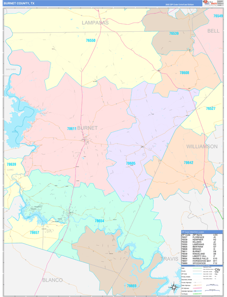 Burnet County, TX Zip Code Map