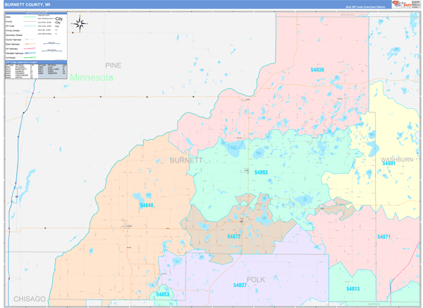 Burnett County, WI Wall Map Color Cast Style