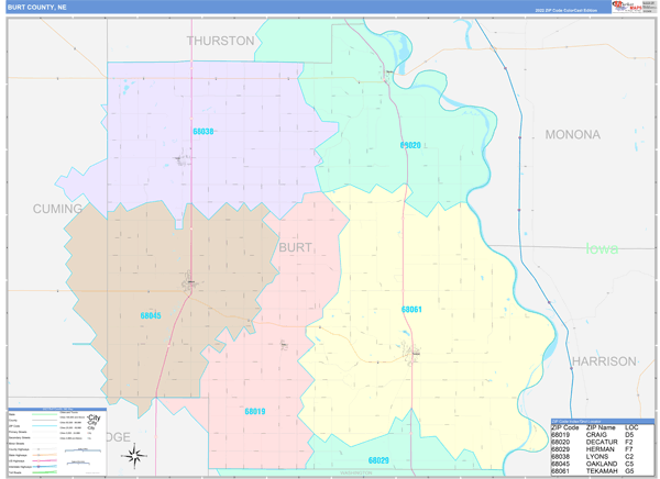 Burt County Wall Map Color Cast Style