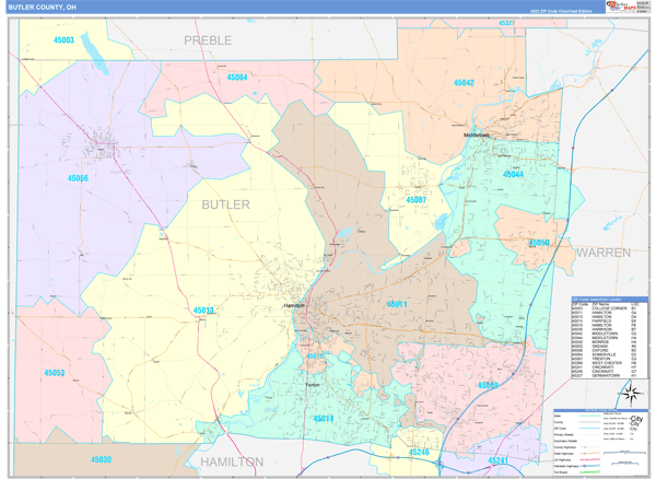 Butler County, OH Wall Map Color Cast Style