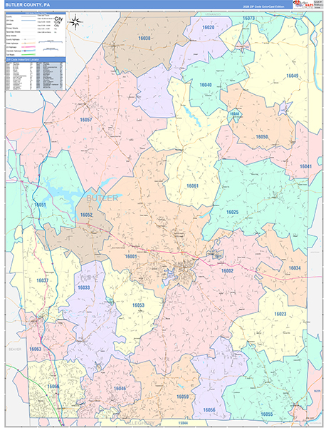 Butler County, PA Wall Map Color Cast Style