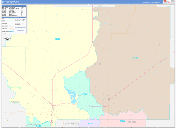Butte County, SD Wall Map Color Cast Style