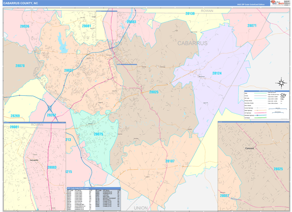 Cabarrus County, NC Wall Map Color Cast Style