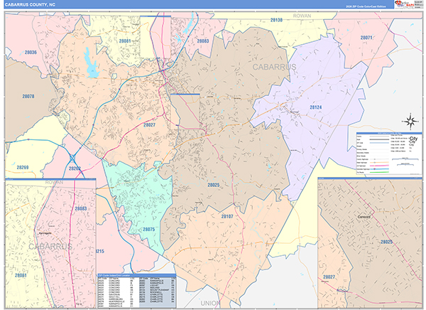 Cabarrus County, NC Wall Map Color Cast Style
