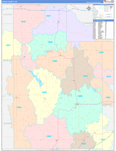 Caddo County, OK Wall Map Color Cast Style