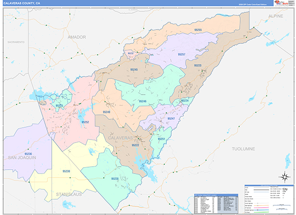 Calaveras County, CA Map Color Cast Style
