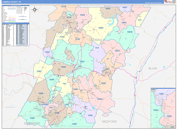 Cambria County, PA Wall Map Color Cast Style