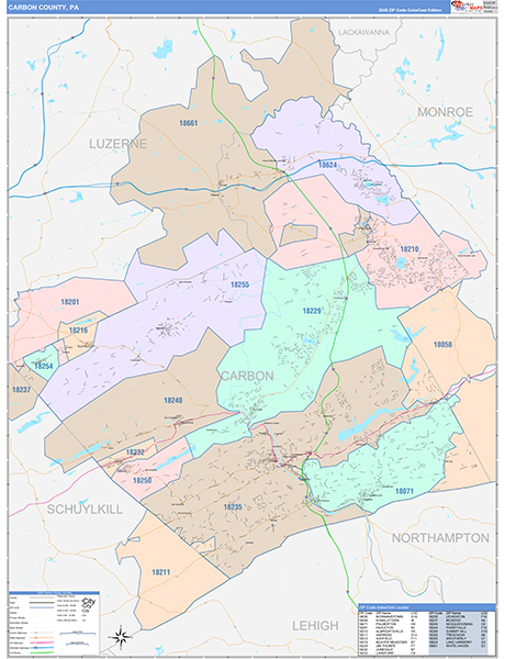 Carbon County, PA Wall Map Color Cast Style
