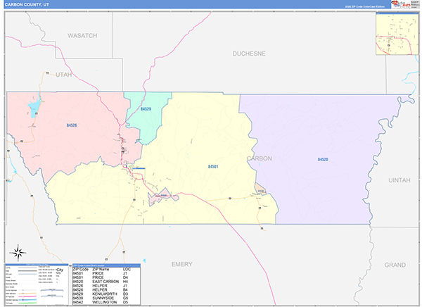 Carbon County, UT Zip Code Map