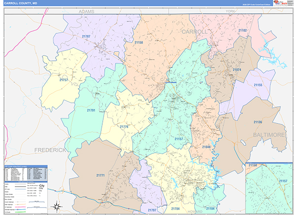Carroll County Wall Map Color Cast Style