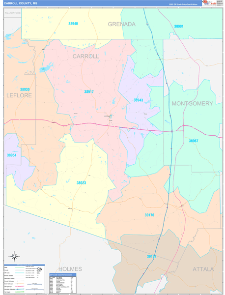 Carroll County, MS Zip Code Map