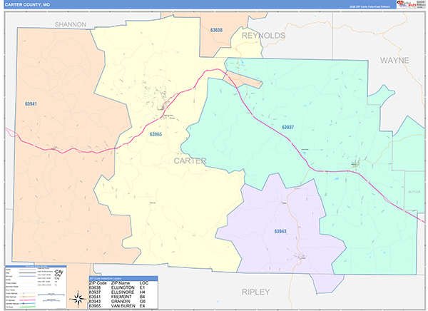 Carter County, MO Map Color Cast Style