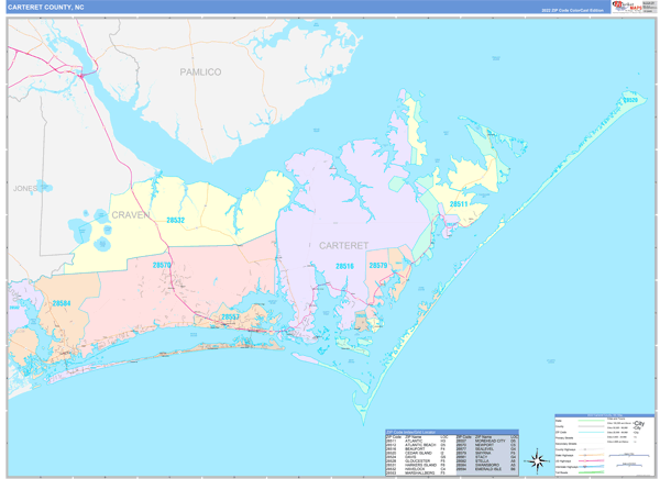 Carteret County Wall Map Color Cast Style