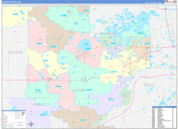 Carver County, MN Wall Map Color Cast Style