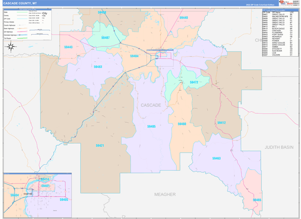 Cascade County Wall Map Color Cast Style