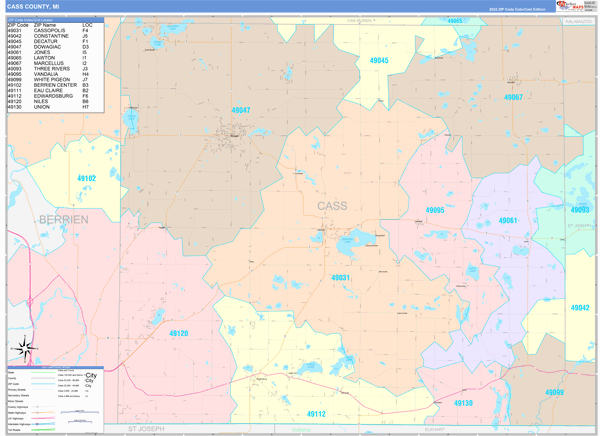 Cass County, MI Wall Map Color Cast Style
