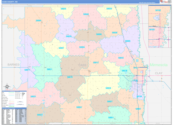 Cass County, ND Wall Map Color Cast Style