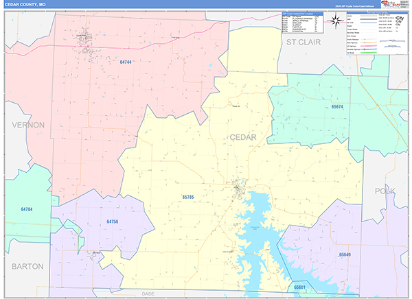 Cedar County, MO Map Color Cast Style