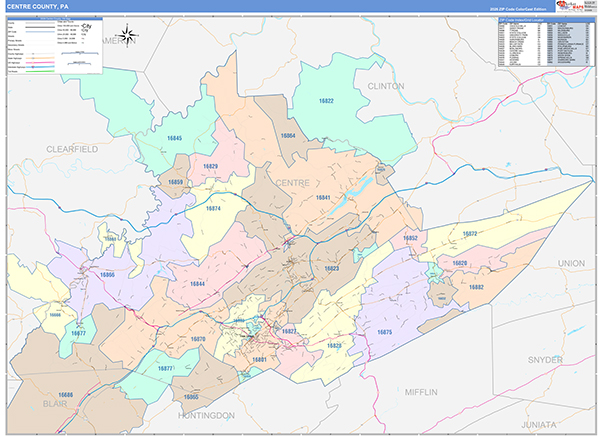 Centre County, PA Wall Map Color Cast Style