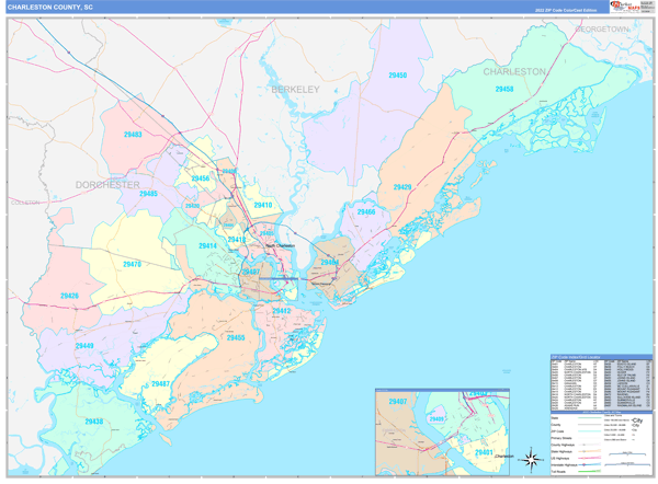 Charleston County SC Zip Code Maps Color Cast