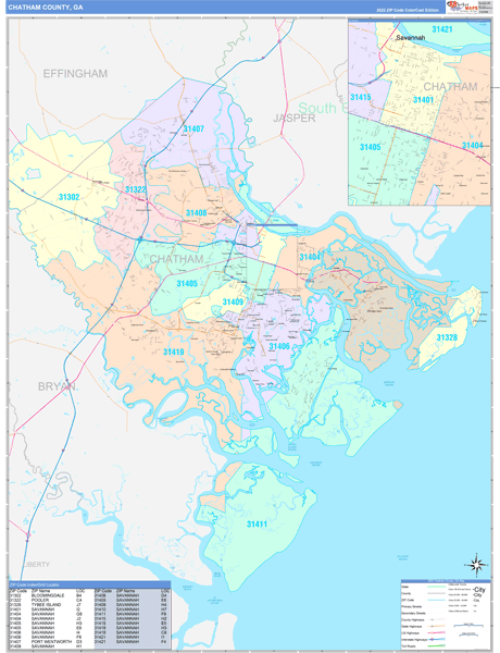 Chatham County, GA Zip Code Maps - Color Cast