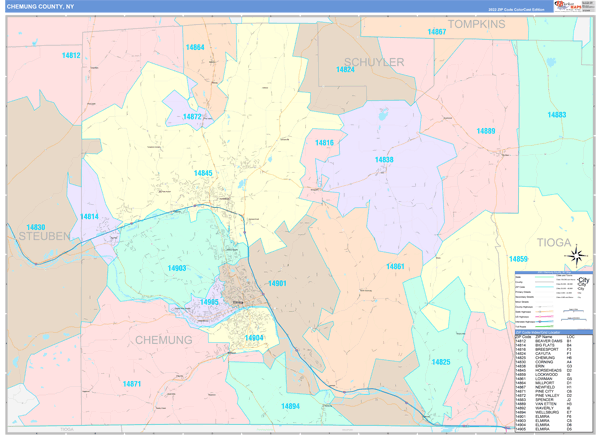 Chemung County, NY Zip Code Map