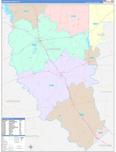 Cherokee County, TX Wall Map Color Cast Style