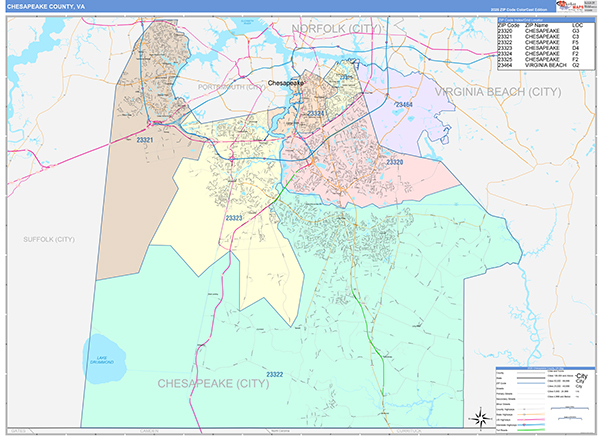 Chesapeake County, VA Zip Code Map