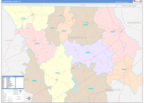 Chesterfield County, SC Wall Map Color Cast Style