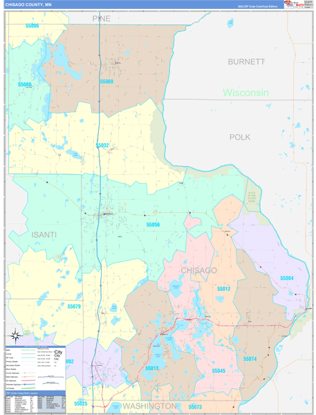 Chisago County, MN Wall Map Color Cast Style
