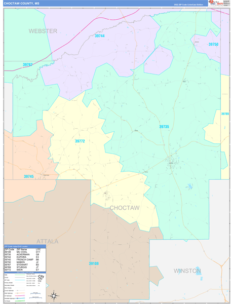 Choctaw County, MS Zip Code Map