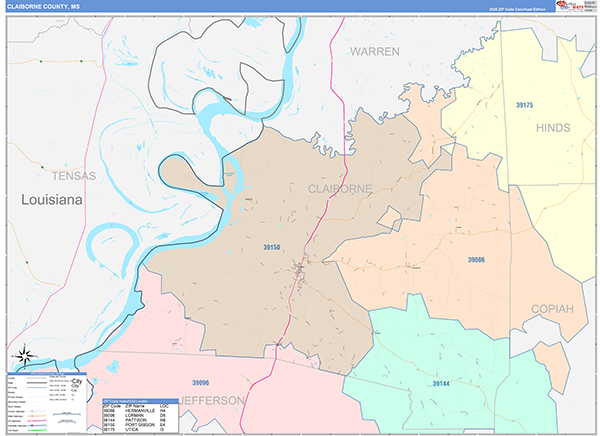 Claiborne County, MS Zip Code Map