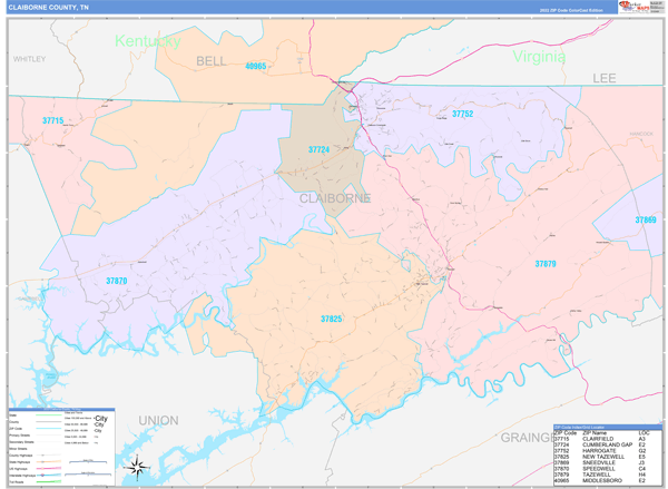 Claiborne County, TN Zip Code Map
