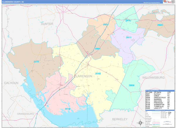 Clarendon County Wall Map Color Cast Style