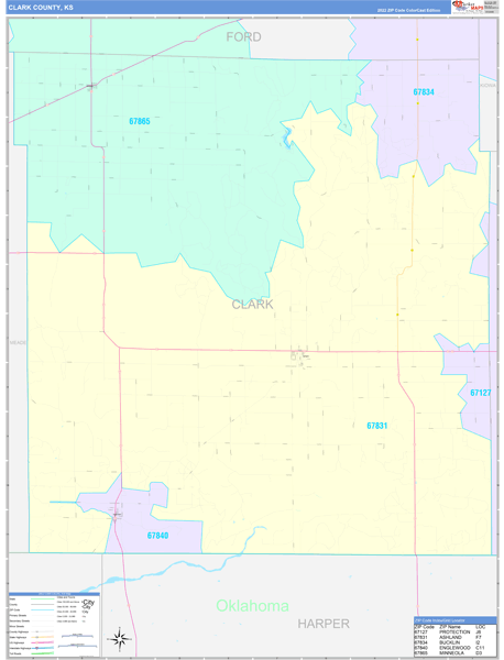 Clark County, KS Wall Map Color Cast Style