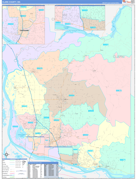 Clark County, WA Wall Map Color Cast Style