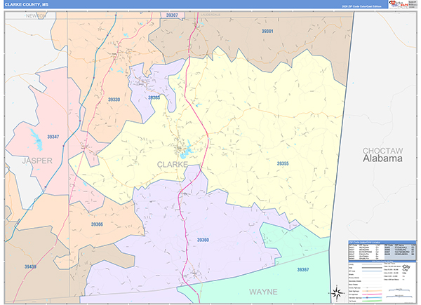 Clarke County, MS Wall Map Color Cast Style