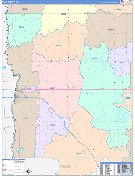 Clay County, MN Wall Map Color Cast Style