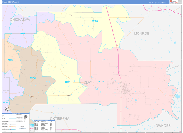 Clay County, MS Wall Map Color Cast Style