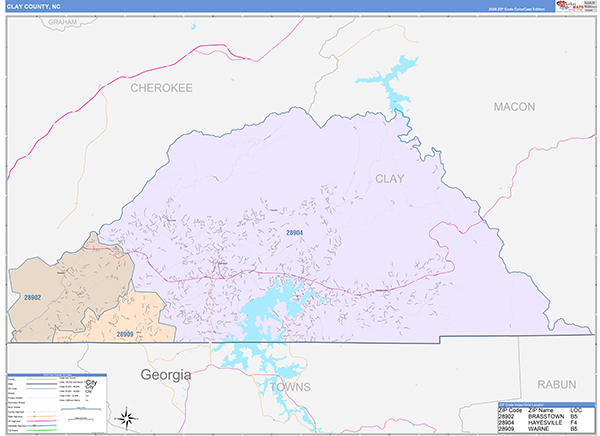 Clay County, NC Wall Map Color Cast Style