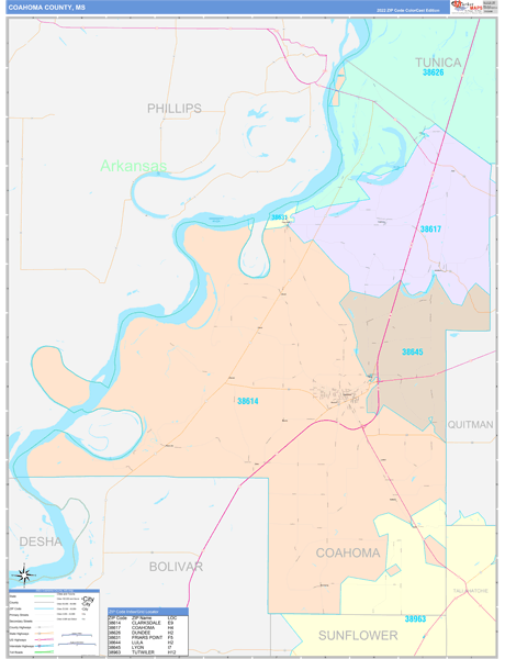 Coahoma County, MS Wall Map Color Cast Style