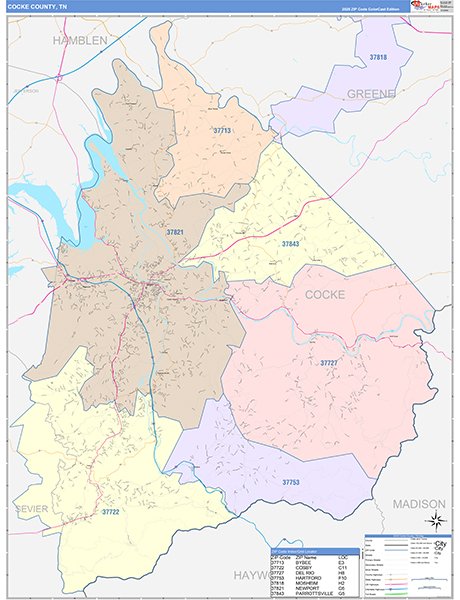 Cocke County, TN Wall Map Color Cast Style