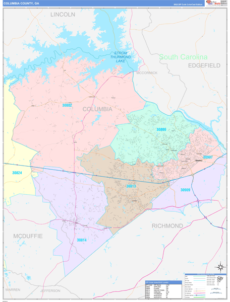 Columbia County GA Zip Code Maps Color Cast