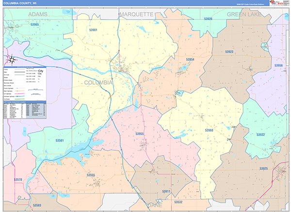 Columbia County, WI Wall Map Color Cast Style