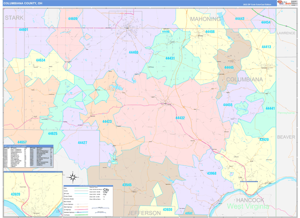 Columbiana County Wall Map Color Cast Style