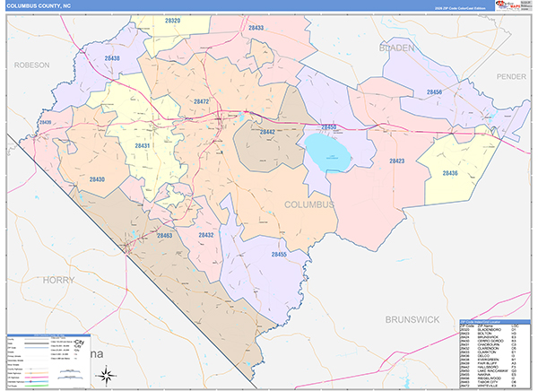 Columbus County, NC Wall Map Color Cast Style